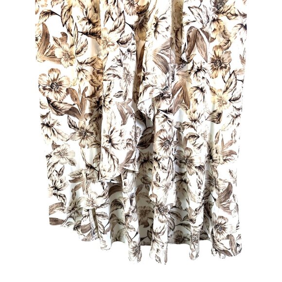 J Jill Creme Brown Floral Skirt Size Medium Hi Low Midi Faux Wrap Elastic Waist - Picture 4 of 15